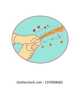 Drawing sketch style illustration of  hand popping a champagne wine bottle with word congratulations coming out set inside oval.