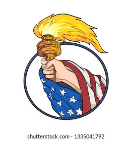 Drawing sketch style illustration hand holding Statue Liberty torch and American USA stars   stripes flag draped arm set inside oval isolated white background in full color 
