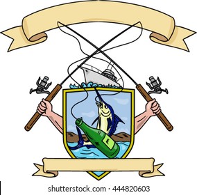 Drawing sketch style illustration of hand holding fishing rod and reel hooking a beer bottle and blue marlin fish with deep sea fishing boat on side inside crest shield shape coat of arms retro style