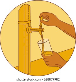 Drawing Sketch Style Illustration Of A Hand Holding Glass Pouring Beer From Tap Set Inside Circle Viewed From Front. 