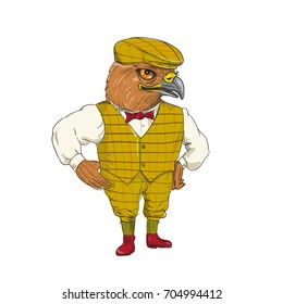 Drawing sketch style illustration of a Hawk English Outdoorsman wearing cheese cutter hat cap, vest, bow tie with hands on hips done in cartoon style.