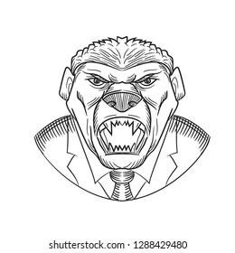 Drawing sketch style illustration head of an angry and aggressive honey badger wearing a coat and tie or business suit viewed from front on isolated white background in black and white.