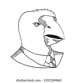 Drawing sketch style illustration of head of a takahe, the South Island takahe or notornis, a flightless bird indigenous to New Zealand, wearing a business suit coat and tie in black and white. 