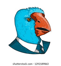 Drawing sketch style illustration of head of a takahe, the South Island takahe or notornis, a flightless bird indigenous to New Zealand, wearing a business suit and tie on isolated white background.