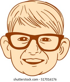 Drawing sketch style illustration of a head of a caucasian boy wearing big glasses smiling viewed from front set on isolated white background done. 