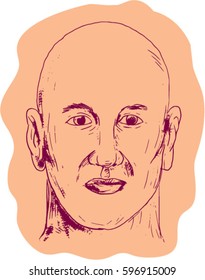 Drawing sketch style illustration of head of a bald caucasian male viewed from front set on isolated white background. 