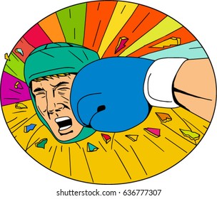 Drawing sketch style illustration of a head of an amateur boxer wearing headgear hit by glove punch viewed from front set inside oval shape. 