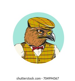 Drawing sketch style illustration of head of a Hawk English Outdoorsman wearing cheese cutter hat cap, vest, bow tie set inside circle done in cartoon style.