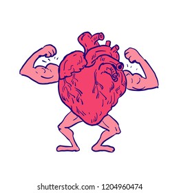 Drawing sketch style illustration of a healthy heart flexing its muscle viewed from front on isolated white background.