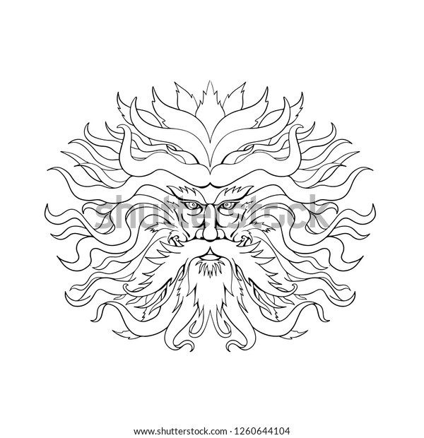 ギリシャ神話の太陽の神で擬人化されたヘリオスのスケッチスタイルのイラストで 白黒の分離型背景に太陽の炎のような髪の毛が描かれています のベクター画像素材 ロイヤリティフリー