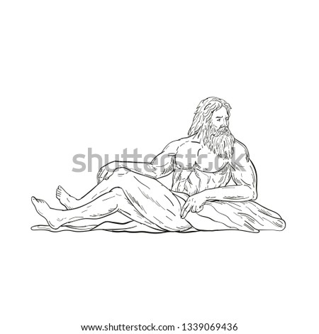 Drawing sketch style illustration of Heracles, a Greek hero and god, reclining, sitting or resting looking to side viewed from side on isolated white background done in black and white.