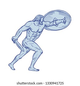 Drawing sketch style illustration of Hercules, a Roman hero and god equivalent to Greek divine hero Heracles, shielding with shield and carrying a sword on isolated white background.
