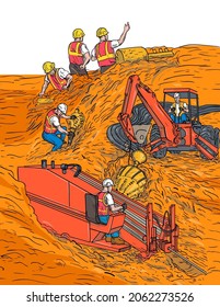 Drawing Sketch Style Illustration Of A Horizontal Directional Drilling Job Site With Drill Rig Boring, Mechanical Digger Laying Empty Service Conduits And Construction Worker Foreman With Copy Space.