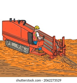 Drawing Sketch Style Illustration Of A Horizontal Directional Drilling Drill Rig And A Construction Worker Machinery Operator In A Job Site With Copy Space On Isolated White Background In Full Color.