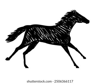 Drawing sketch style illustration of a horse stallion or pony racing running galloping side view on isolated background done in black and white ilne art.