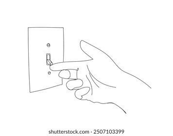 Drawing sketch style illustration of a human hand flipping turning on and power off electric light switch on isolated background done in black and white ilne art.