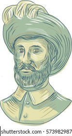 Drawing sketch style illustration of Juan Sebastian Elcano aka Juan Sebastian del Cano, a Spanish explorer of Basque origin who completed the first circumnavigation of the Earth viewed from front.