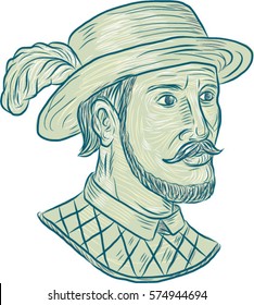 Drawing sketch style illustration of Juan Ponce de Leon, a Spanish explorer and conquistador who led first European expedition to Florida while searching for Fountain of Youth on white background. 