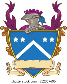 Drawing sketch style illustration of a knight armor helmet and star and chevron set inside shield crest. 