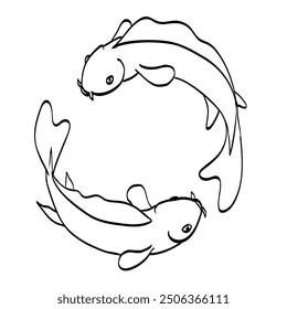 Drawing sketch style illustration of koi or nishikigoi carp fish swimming in a circle on isolated background done in black and white ilne art.