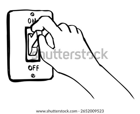 Drawing sketch style illustration of a light switch being turned on or power on with isolated background done in black and white line art.