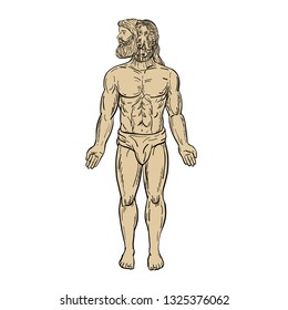 Drawing sketch style illustration of a male human being with an alien-like octopus inside his head, manipulating his body in disguise viewed from front on isolated white background.