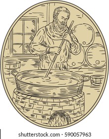 Drawing sketch style illustration of a medieval monk brewer brewing beer in brewery with barrel in background viewed from front set inside oval shape. 