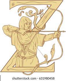 Drawing sketch style illustration of a medieval archer with bow and arrow aiming with the letter Z in the background. 