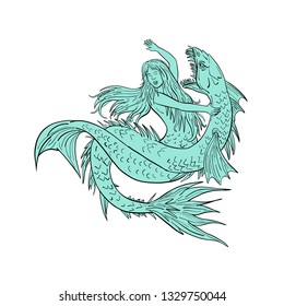 Drawing sketch style illustration of a a mermaid or siren grappling a sea serpent or monster on isolated white background.