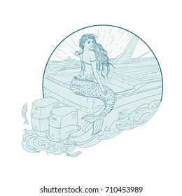Drawing sketch style illustration of a Mermaid siren Sitting on Boat transom set inside circle on isolated background.