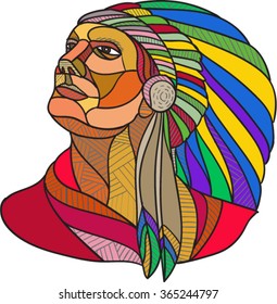 Drawing sketch style illustration of a native american indian chief warrior with headdress looking to the side set on isolated white background.