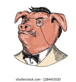 Drawing sketch style illustration of a noble aristocrat pig wearing a monocle and business suit with tie or tuxedo looking up on isolated white background.