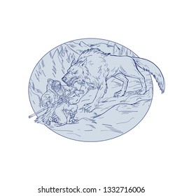 Drawing sketch style illustration of Norse god, Odin, god of wisdom and war, being attacked by Fenrir, a monstrous wolf in Norse mythology set inside oval shape a on isolated white background.