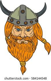 Drawing sketch style illustration of a norseman viking warrior raider barbarian head with beard viewed from front set on isolated white background. 