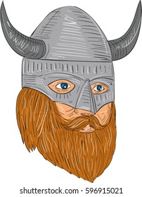 Drawing sketch style illustration of a norseman viking warrior raider barbarian head with beard wearing horned helmet looking slightly to the side set on isolated white background. 