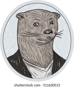 Drawing sketch style illustration of an otter head wearing shirt and blazer facing front set inside oval shape. 