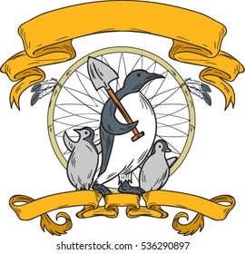 Drawing sketch style illustration of a penguin holding shovel on shoulder with baby penguin chicks looking side on isolated white background with dreamcatcher in the background and ribbon and scroll. 