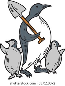 Drawing sketch style illustration of a penguin holding shovel on shoulder with baby penguin chicks looking to the side set on isolated white background. 