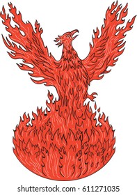 Drawing sketch style illustration of a phoenix rising up from fiery flames, wings raised for flight set on isolated white background. 