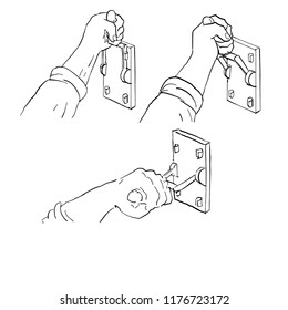 Drawing sketch style illustration of progression sequence of hand pulling down a vintage Frankenstein light or throw switch 