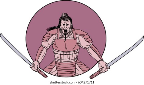Drawing sketch style illustration of a raging Samurai warrior holding two swords viewed from front set inside oval on isolated background. 