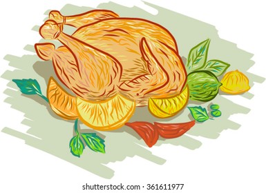 Drawing sketch style illustration of roast chicken and vegetables, lemon, lime, mint, onion set on isolated white background. 
