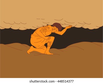 Drawing sketch style illustration of a Samoan Atlas kneeling looking to the ground holding sky from earth viewed from the side. 