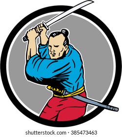 Drawing sketch style illustration of a Samurai warrior wielding katana sword viewed from front set inside circle on isolated background. 
