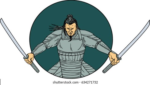 Drawing sketch style illustration of a Samurai warrior wielding two swords viewed from front set inside oval on isolated background. 