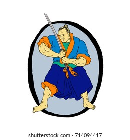 Drawing sketch style illustration of a Samurai Warrior wielding Katana sword in fighting stance set inside Enso circle on isolated background.