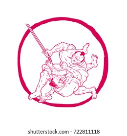 Drawing sketch style illustration of a Samurai warrior with katana sword Jui Jitsu Fighting or judo set inside Enso Circle on isolated background.