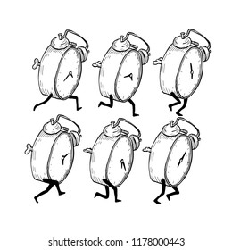 Drawing sketch style illustration of sequence or run cycle of a  a vintage alarm clock running or jogging viewed from side on isolated background. 