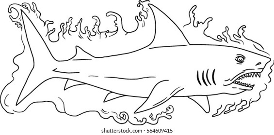 Drawing sketch style illustration of a shark swimming in water viewed from the side set on isolated white background.