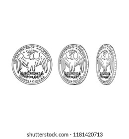 Drawing sketch style illustration showing the reverse or tail of an American quarter dollar or United States coin spinning or flipping on it's head on isolated background.